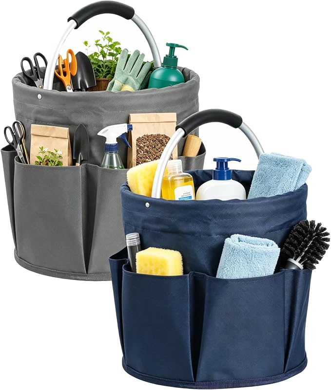 17L Cleaning Caddy for Cleaning Supplies, 2Pieces Portable Garden Tool Bag with 6 Pockets, Foldable Tool Bucket Organizer, Storage Basket for Bathroom, Garden, Dark Gray + Navy Blue