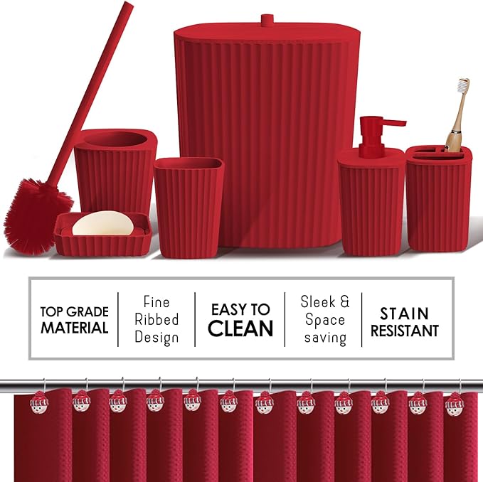 Clara Clark Christmas Bathroom Accessory Set - 22PC, Complete Set + Bath Rugs, Modern, Red & White, Polyester