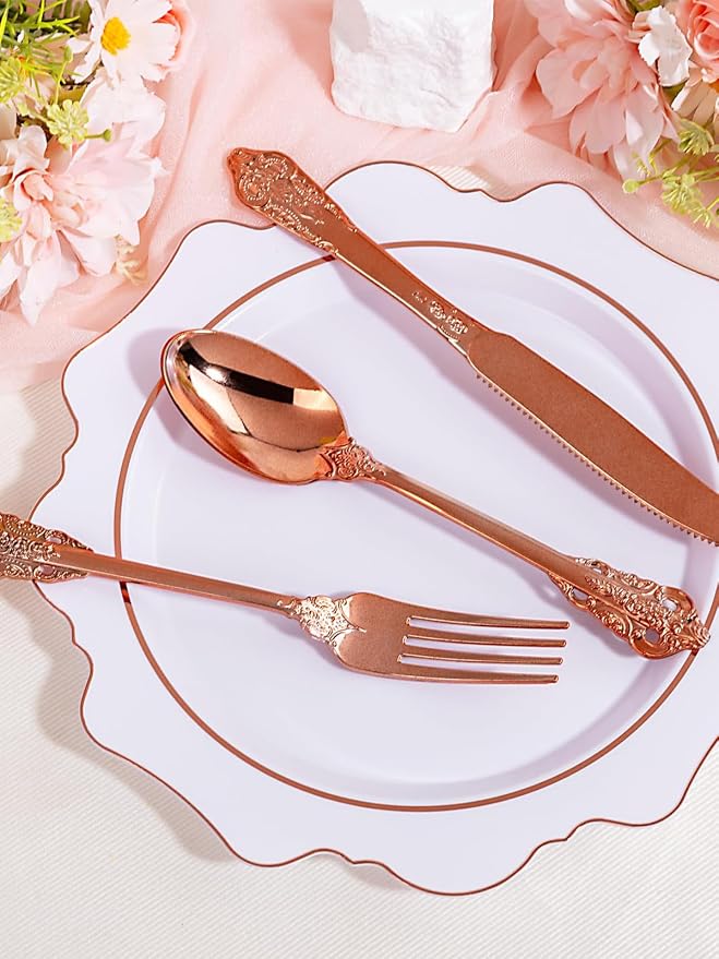 WDF 120Pieces Rose Gold Plastic Silverware - Heavy Duty Rose Gold Plastic Cutlery Set - Disposable Utensils - Flatware Includes 40 Forks, 40 Spoons, 40 Knives for Wedding Party Birthday