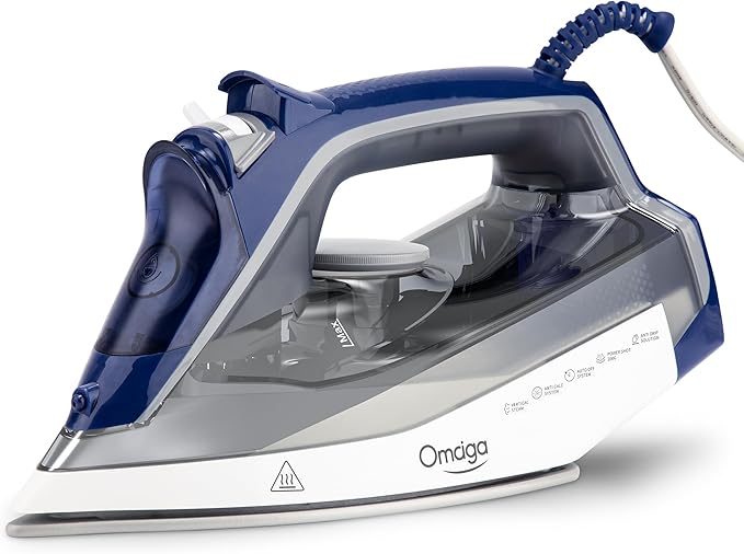 OMAIGA Steam Iron for Clothes, 1750W Clothes Iron with Ceramic Soleplate, Powerful Steam, 3-Way Auto Shut Off, Self-Cleaning & Anti-Calc, Anti-Drip, 13.52oz Water Tank, Grey