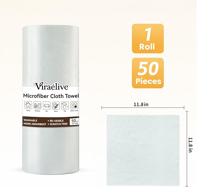 Microfiber Cleaning Cloth Roll, 50-Count Absorbent & Reusable, Streak-Free, Lint-Free, Scratch-Free Towels, Dish Rags for Kitchen, Home, Studio & Surfaces, Green Wave Pattern, 12x12 in