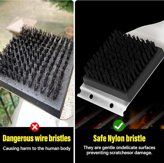 XUDAKAIXIN Nylon Grill Brush, Dual Grip Design, with Extended Luxurious Acacia Wood Handle, Safe Nylon Bristles Barbecue Outdoor Grill Brush for Cooled Grates(Black)