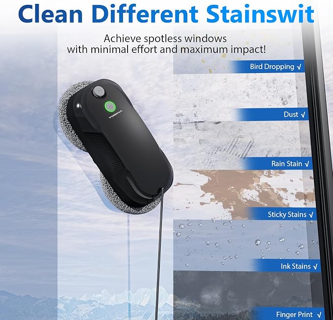 Tosima W5 Window Cleaning Robot, 6400Pa Max Adaptive Suction, Auto-Spray Smart Window Cleaner with Triple Safety System, Intelligent Navigation, Remote Control, for All Smooth Surfaces, Black