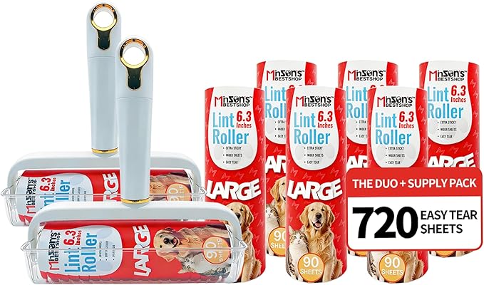 Minson’s BestShop Extra Sticky Lint Roller, 6.3” Extra Wide, 720 Sheets for Pet Hair Removal, The Ultimate Duo Supply Pack with 2 Ready to Use Handles & 6 Refills, Dog and Cat Lint Remover