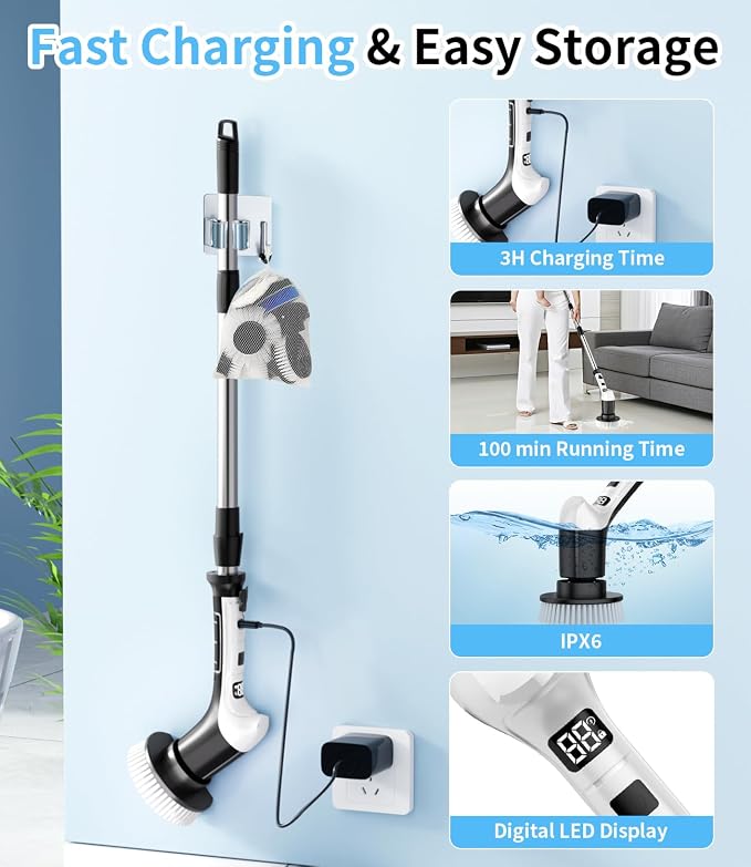 Electric Spin Scrubber with 3 Speed, Adjustable Extension Handle, 8 Brush Heads,Cordless Power Cleaning Brush for Bathroom, Tile, Kitchen-Black