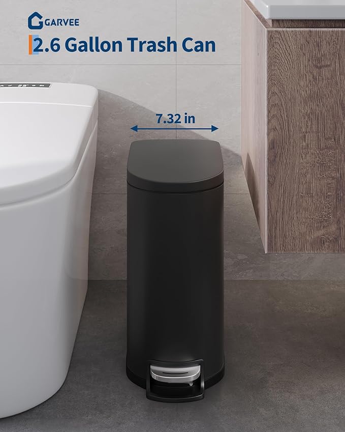 GarveeLife 2.6 gal / 10 L Metal Bathroom Trash Can with Lid, Slim Step-on Garbage Can for Small Spaces, Soft Close Lid with Inner Bucket and Rear Handle for Bedroom, Home Office