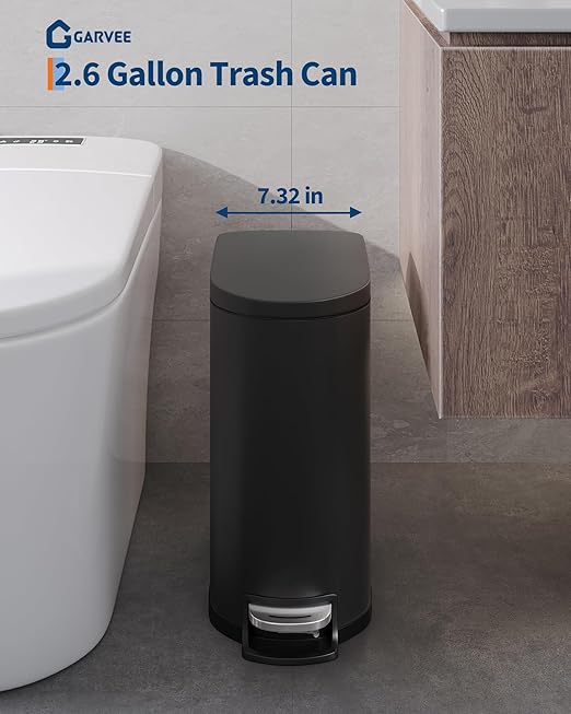 Garvee 2.6 gal / 10 L Metal Bathroom Trash Can with Lid, Slim Waterproof Garbage Can for Bedroom, Small Step-on Trash Bin with Inner Bucket, Rear Handle, Soft Close Lid, Black
