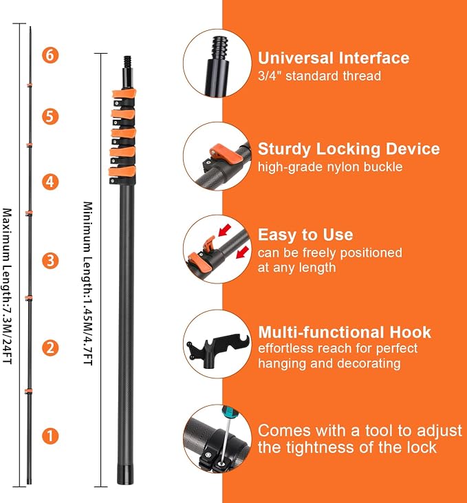 4.7-24 FT Carbon Fiber Telescopic Extension Pole with Utility Hook, Paint Roller Pole, Lightweight & Sturdy Extendable Pole for Painting, Dusting, Window Cleaning & Christmas Lights Hanging