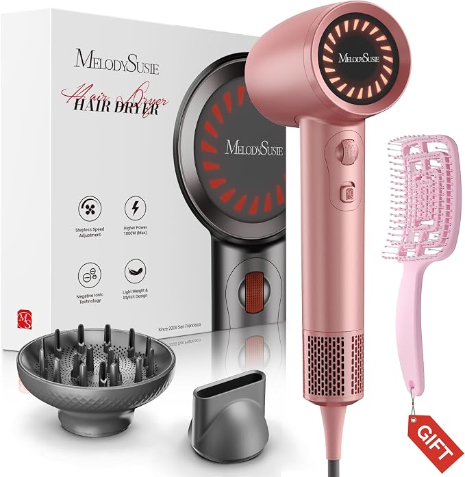 MelodySusie Hair Dryer with Diffuser, 1600W Fast Drying Low Noise Ionic Hair Dryer for Curly Hair with Diffuser,Nozzle and Hair Brush,120,000 RPM Blow Dryer Ideal for Women