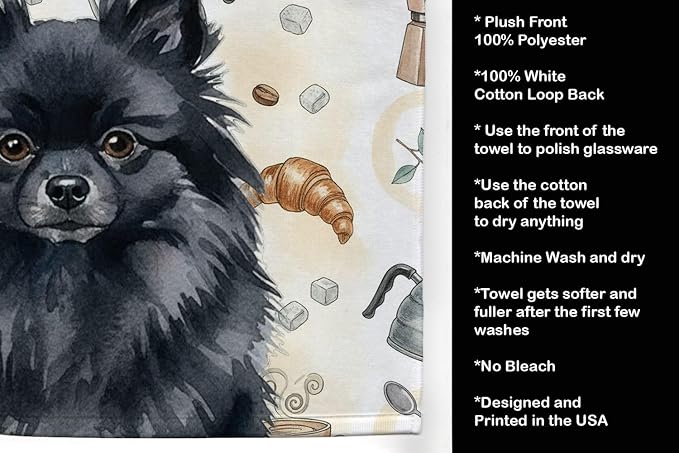 Caroline's Treasures Black Pomeranian Coffee Bar Kitchen Towel Velour Plush Front and Cotton Loop Back Machine Washable