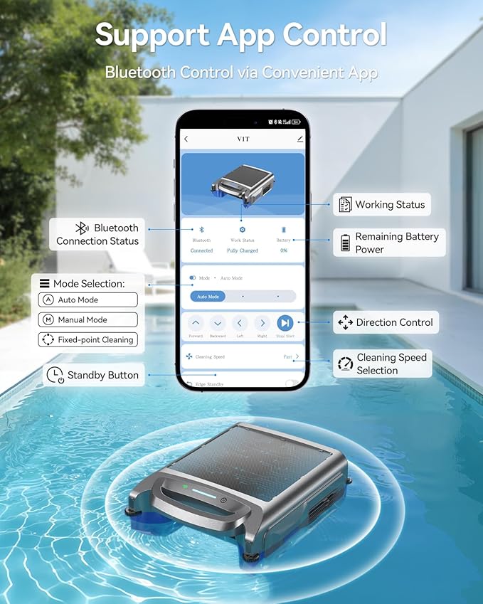 V1T Solar Pool Skimmer, Robotic Pool Surface Skimmer Cleaner with App Control, 7L Large Basket 24/7 Cleaning Smart Obstacle Avoidance Dual Charging Options Ideal for Above Ground Pool Blue