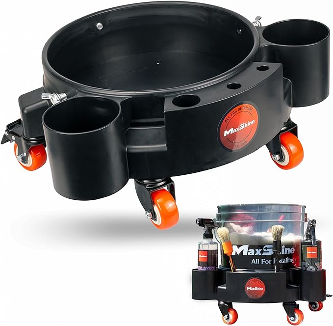 Maxshine Universal Rolling Bucket Dolly (Black) – Heavy-Duty Polypropylene with 5 Swivel Wheels, 5 Bottle & Brush Holders – Secure Fit, Spill-Free Design for Car Wash & Auto Detailing Organization
