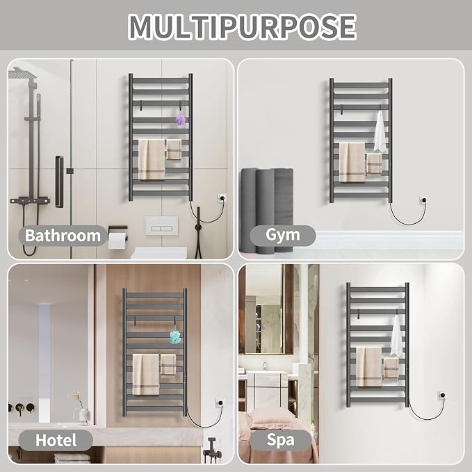 Heated Towel Rack for Bathroom, Hot Towel Warmer Rack Large 10 Bar Electric Hot Towel Warmer, Stainless Steel Wall Mounted Rack with LED Built-in Timer, Plug-in, Fast Heating, Black