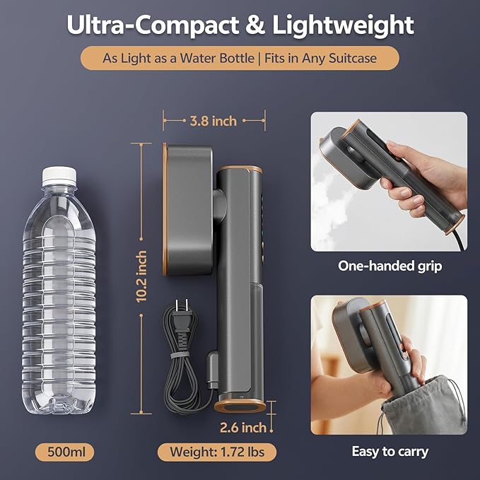 Travel Steamer for Clothes, Dual Voltage 100-240V Portable Garment Steamer, 2-in-1 Steamer & Iron, 15s Fast Heat-Up Quick Wrinkle Removal, Compact Steamer for Travel & Home (Grey)