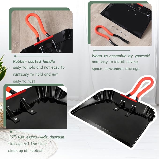 Pasimy 2 Pack 17" Metal Dust Pan and Brush Set, Large Heavy Duty Handheld Industrial Dustpan with Handle Debris Sweeping Tool Metal Edge Flat Against Floor for Outdoor Patio Yard Garage (Black)