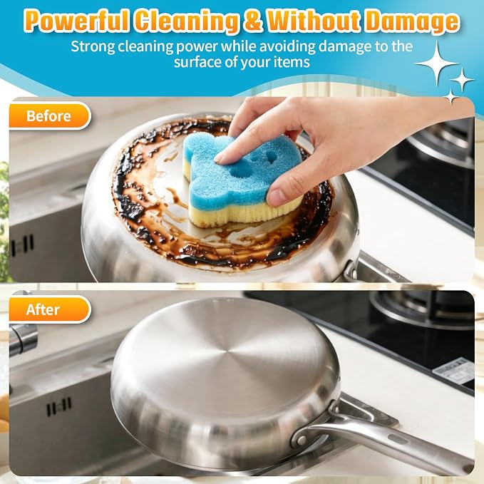 12 Pack Scrub Sponges for Dishes, Dual-Sided Temperature-Responsive Scrubber, Reusable Non-Scratch Multipurpose Cleaning Supplies for Kitchen Bathroom & Home Use