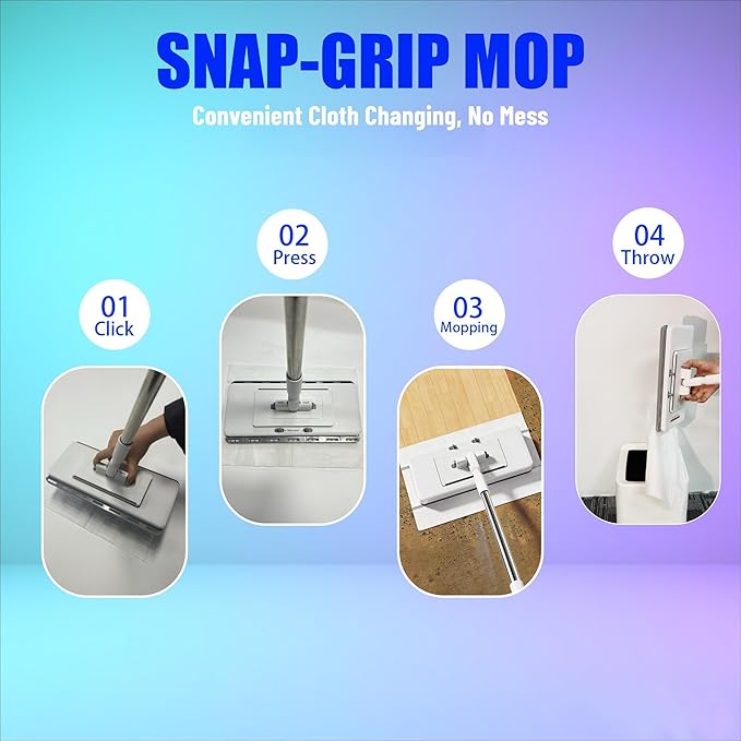 New Hands Free Multi Purpose Flat Mop with 10 Reusable Cloths | Convenient Cloth Changing, Compatible with Swiffer Pads, Hardwood Tile Marble Lightly Floor Cleaning, 52in Handle