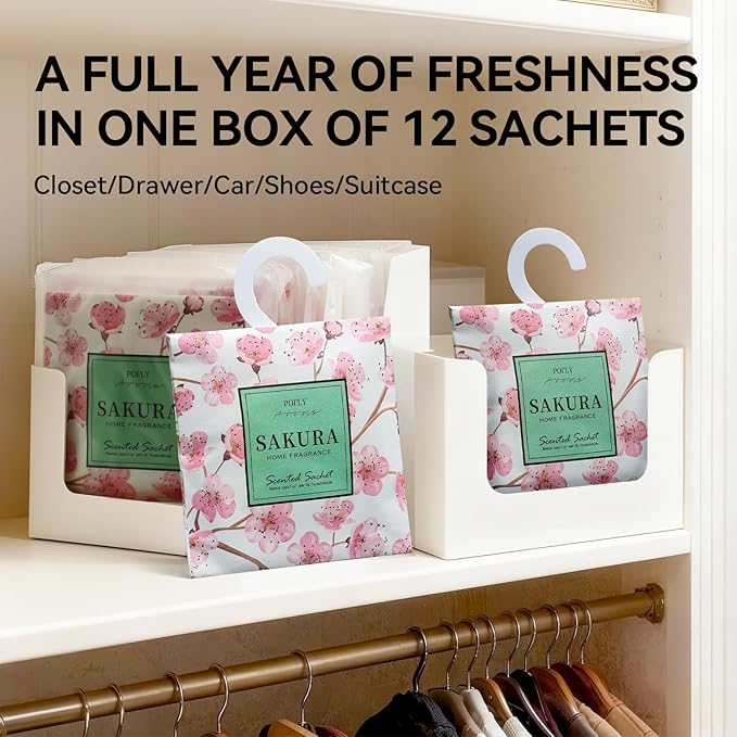 12 Pack Sakura Scented Sachets, Long-Lasting Fresh Scent, Air Freshener for Closet & Drawers, Hanging Deodorizer for Home