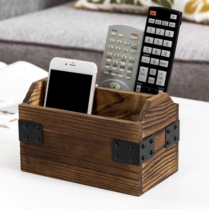 MyGift Wood TV Remote Control Holder, Remote Organizer Storage Caddy for Table with 2 Compartments and Decorative Black Metal Wrap Accents, Rustic Burnt