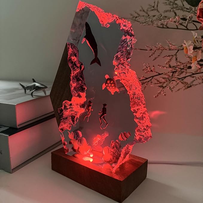 Scuba Diving Resin Night Light, USB Powered Resin Ocean Lamp with Wooden Base, Variable Lights,Whale Shark Decor for Home Office, Shark Gifts for Ocean Enthusiasts, Christmas Day,Birthday(L 12"x8")