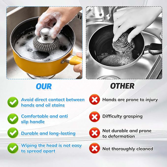 50Pcs Steel Wool Scrubber with 2 Handles, Stainless Steel Scrubber Pads for Dishes, Pots, Pans, Grill, Oven, Kitchen Cleaning, Rust Resistant Heavy Duty Scouring Pads