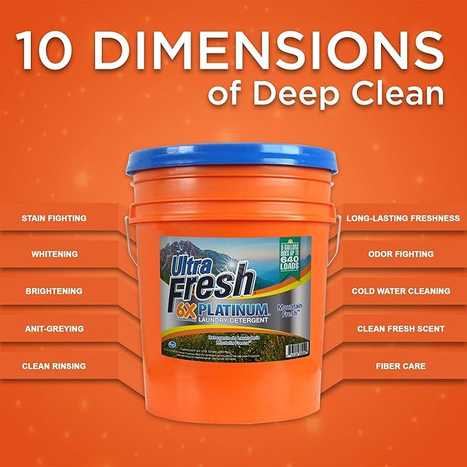 Ultra Fresh 6X Platinum 5 Gal Laundry Detergent, Mountain Fresh Bundled with Platinum 6X Laundry Detergent Sheets with Fragrance and Dye Free
