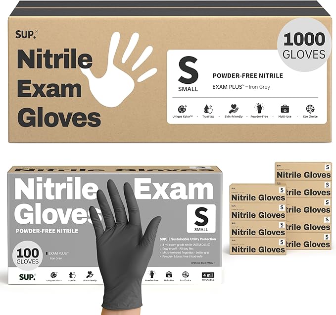 SUP Nitrile Exam Gloves, 1000 Ct Powder Free Latex Free Food Safe Non-Sterile Cooking Cleaning Disposable Medical Glove Black