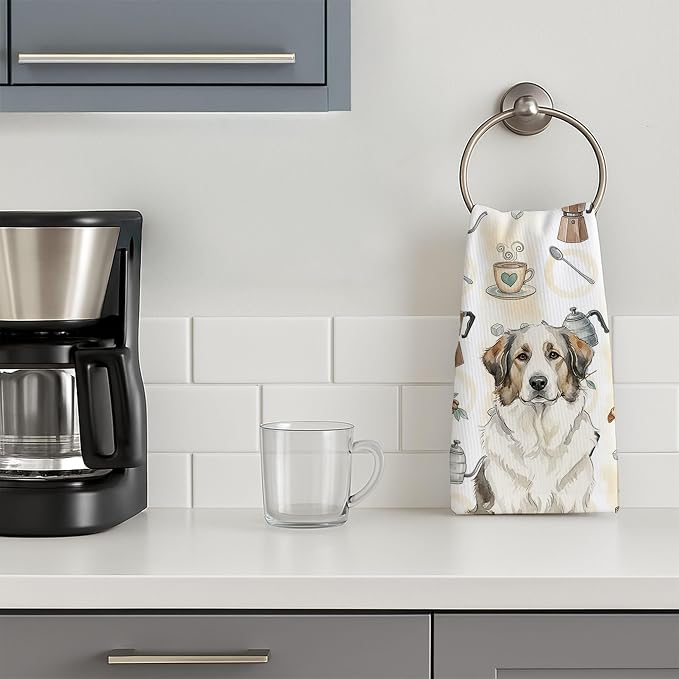 Caroline's Treasures Badger Great Pyrenees Coffee Bar Kitchen Towel Velour Plush Front and Cotton Loop Back Machine Washable