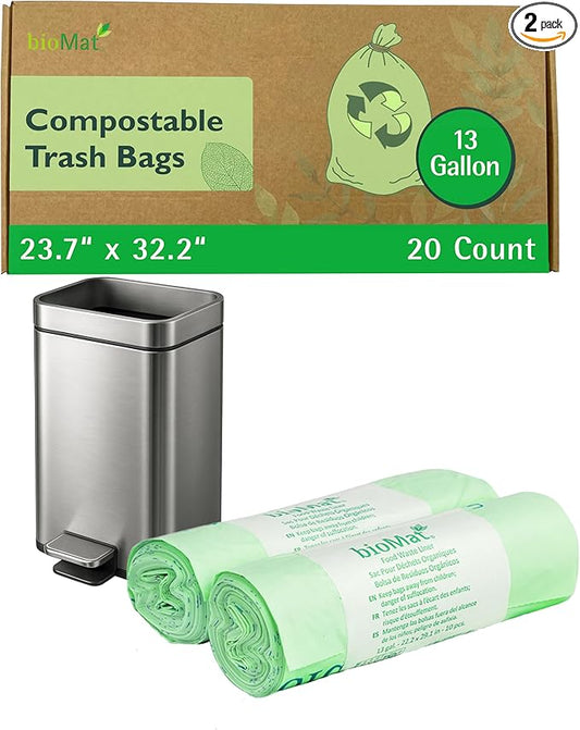bioMat Compostable Trash Bags 13 Gallon, 20 Count, Tall flat top Kitchen Food Scrap Bin Liners, BPI, CMA and OK Compost HOME certified, Meets the ASTM D6400 Standard