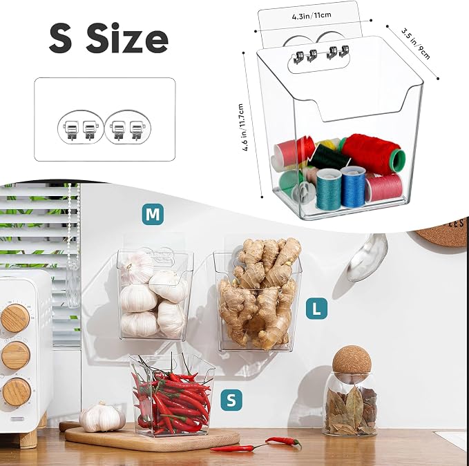 2-Pack Kitchen Cabinet Door Organizer Adhesive, Hanging Storage Bins, Stick on Wall Storage Container, Bathroom Floating Bins Wall Mounted Organizer Under Sink Caddy for Pantry Storage, Office, Dorm
