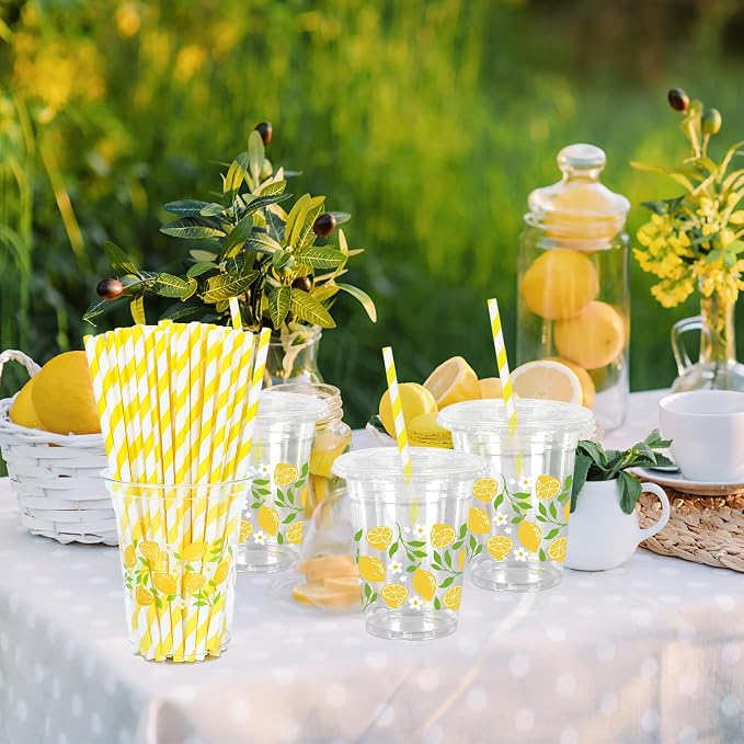 FYSUIMU 50Pcs 12Oz Lemon Floral Plastic Cup with Lid & Straw Yellow Green Flower Clear Disposable Drinking Cup for Summer Party Supplies