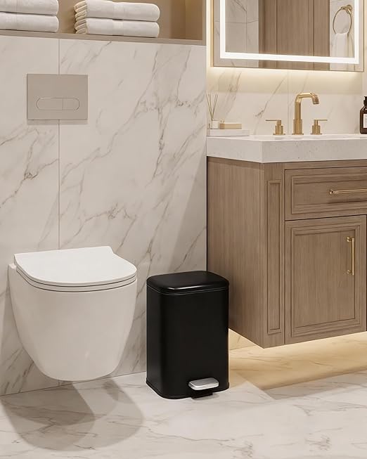 1.3 gal/5L Stainless Steel Kitchen Trash Can, Step-on Recycling Bin with Soft Close Lid, Removable Inner Bucket, Rectangular Wastebasket for Office Living Room, Black