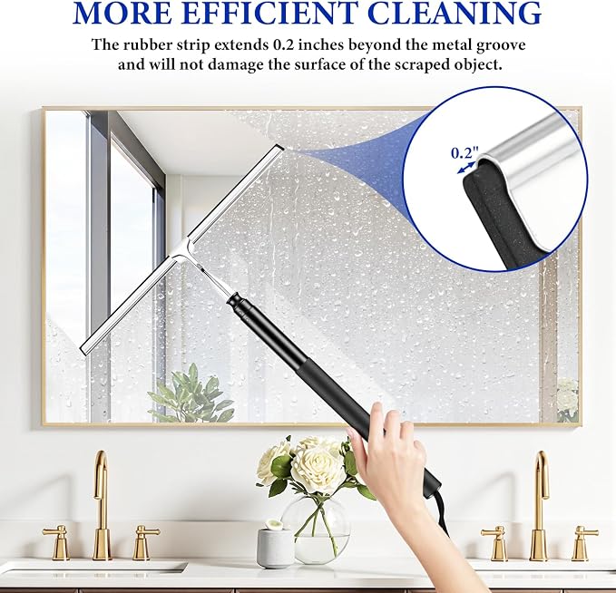 Shower Squeegee for Glass Doors, 2-in-1 Professional Window Cleaner Tool with Extension Pole, 14" Wide Window Washing Equipment for High Outside Glass, Solar Panels, Shower & Car Windshield