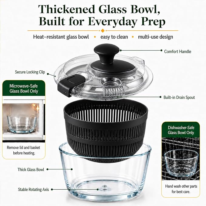 Glass Salad Spinner 3.2 Qt, Small Salad Spinner with Glass Bowl Removable Lid for Easy Cleaning Dishwasher Safe Glass Bowl Vegetable and Fruit Washer Dryer with Drain Spout Crank Handle Black