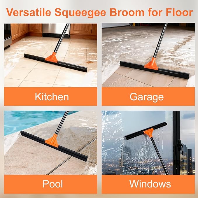 Heavy Duty Floor Squeegee with Long Handle, 18" Rubber Wiper Broom for Concrete Tile Cleaning Commercial Scrubber Mop for Garage Deck Bathroom Kitchen Pool