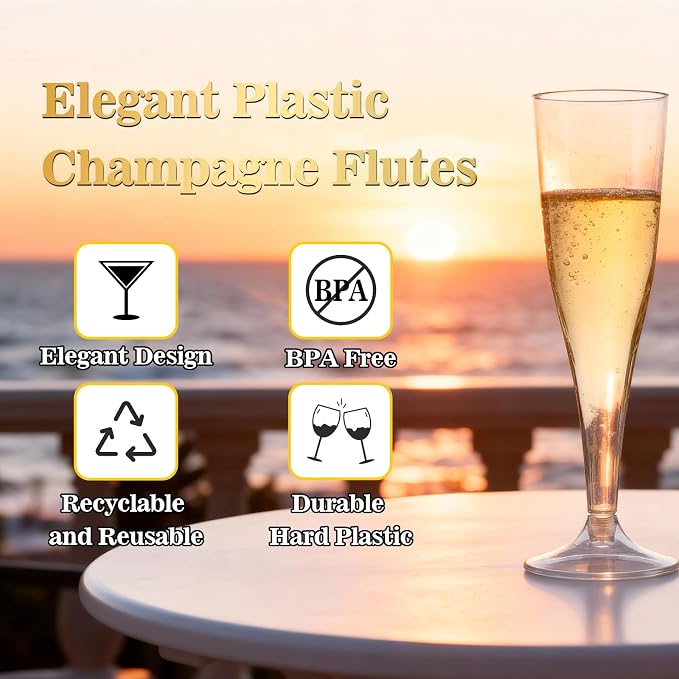 Bestluck 100 Pack Champagne Flutes Plastic, 4.5 oz Clear Plastic Disposable Stemware, Disposable Champagne Flutes for Party, Mimosa Bar, Wedding, Anniversary and Graduation