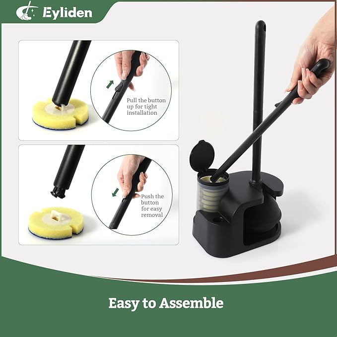 Eyliden Toilet Brush and Plunger Combo Set | 2-in-1 Disposable Toilet Bowl Wand Kit with 10 Refill Heads, Toilet Plunger, Compact Storage Holder | Bathroom Cleaning System for Home, Black