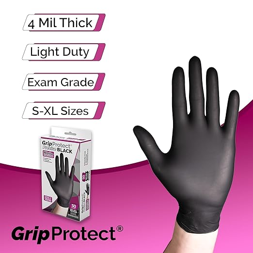 GripProtect® Precise Black Nitrile Gloves | Exam | 4 Mil | Chemo-Rated | Food, Home, Hospital, Law Enforcement, Tattoo | (X-Large, 50)