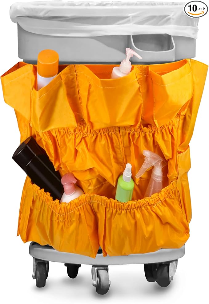 QWORK Trash Can Caddy Bag, 10 Pocket Commercial Cleaning Bag, Fit 32-50 Gallon Can, Round Trash Bag Holder, Garbage Bin Organizer, Yellow
