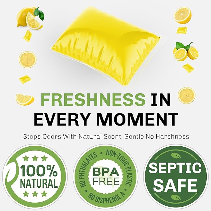 WELLUCK RV Toilet Treatment Drop-Ins, 50 Pack - 50 Week Supply Black Tank Deodorizer | Breaks Down Waste & Tissue | Septic Safe Treatment for RV, Camper, Marine Toilet | Lemon Scents