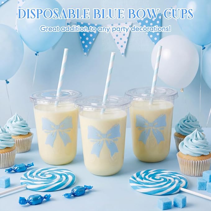 LemonRoad 50sets 16oz Blue Bow Cups Birthday Party Decorations Supplies Cute Plasic Cups Disposable with Lids and Straws for Valentines Galentines Day Christmas Wedding Baby Shower Decorations