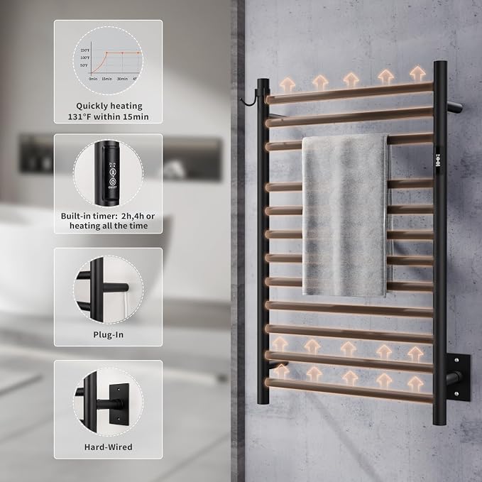 Wall Mounted Towel Warmer 12 Bars with Plug-in and Hardwired Options 3 Working Modes Black Stainless Steel 21” W 34” H
