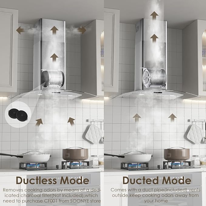 30 Inch Wall Mounted Curved Glass Range Hood with 450 CFM Stainless Steel kitchen Ductless/Ducted Convertible with 3 Speeds Extract Fan & Touch Control