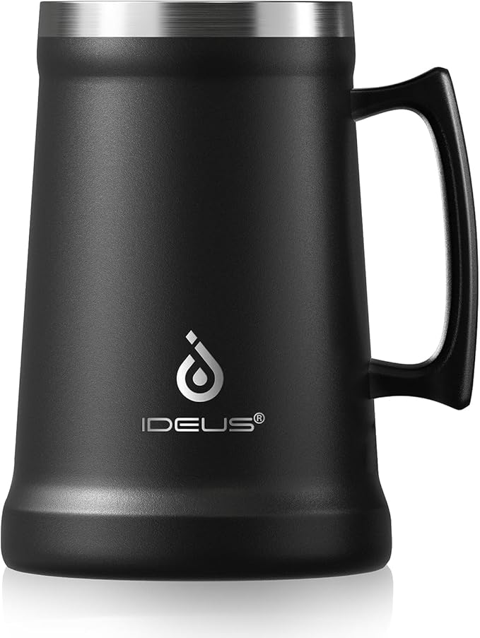 Ideus Insulated Beer Stein, 24/32oz Stainless Steel Double Walled Beer Mug Giant Bar Drinkware Metal Beer Cup with Big Grip Handle (Black, 34oz (1,000ml))