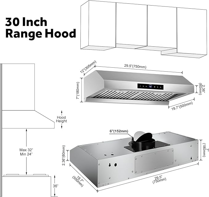 30 inch Range Hood Under Cabinet 1200 CFM with 4-Speed Gesture Sensing & Touch Control, Stainless Steel Kitchen Stove Vent Hoods with 2 LED Lights, Time Setting, Dishwasher-Safe Baffle Filters