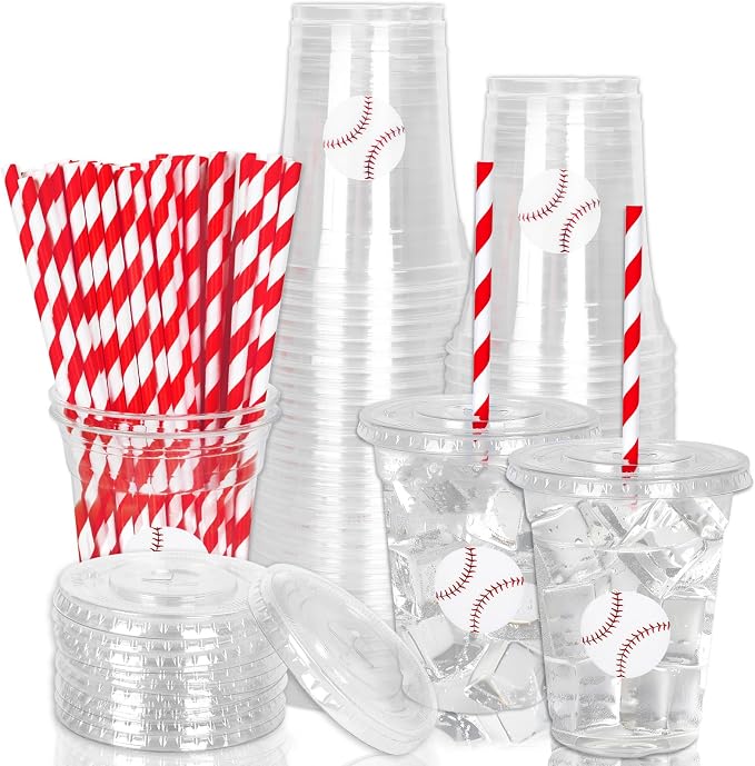 Whaline 50 Pcs Baseball Disposable Plastic Cups with Lids and Straws Red White Ball Cold Beverage Drinking Cups for Sports Theme Baseball Game Party Supplies