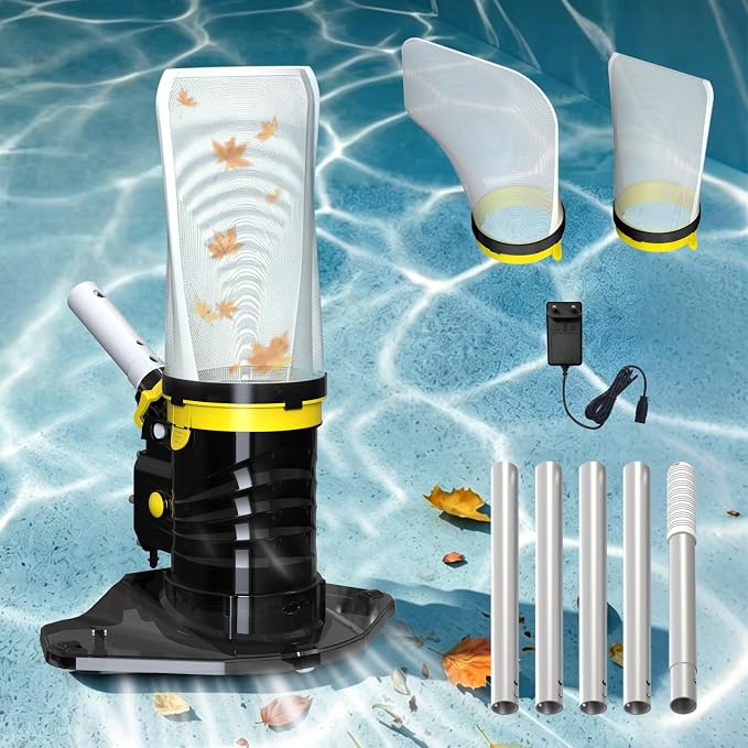 Cordless Pool Spa Vacuum Cleaner Rechargeable Handheld Pool Vacuum with 60-Min Runtime Dual Filtration 3 Cleaning Heads Telescopic Pole for Sand Leaves Hot Tubs Above Ground & Small Pools (Yellow)