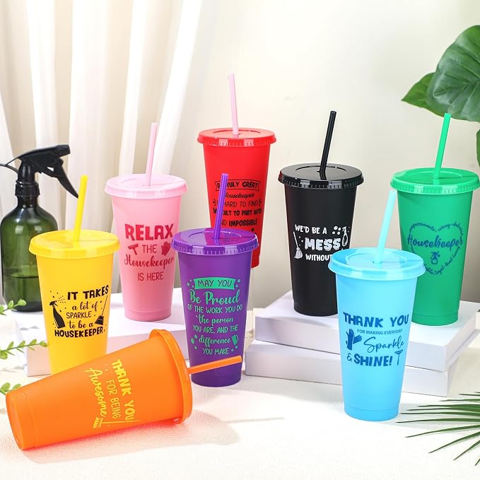 Meanplan 24 Pcs Appreciation Gifts Bulk 24 oz Plastic Tumbler with Lids and Straws Thank You Cups Travel Mugs Inspirational Gifts for(Housekeepers Week)