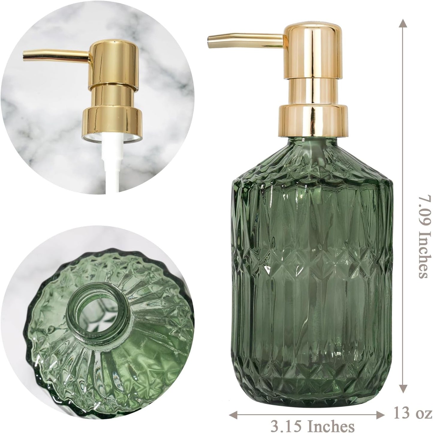 Glass Soap Dispenser Green Bottle Gold Plastic Pump Refillable Kitchen Sink Countertop Hand Dish Dispensers