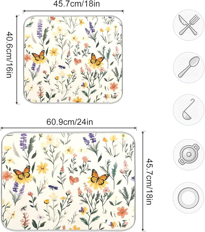 Watercolor Flowers Microfiber Dish Drying Mat Absorbent Dish Draining Mat Large Size 18 x 24 Dishes Drainer Mat for Countertop Dish Drying Pads